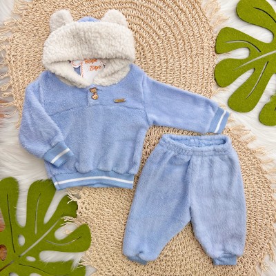 Conj. Casaco Capuz Orelha de Ursinho e Calça de Pelinho - Azul Bebê